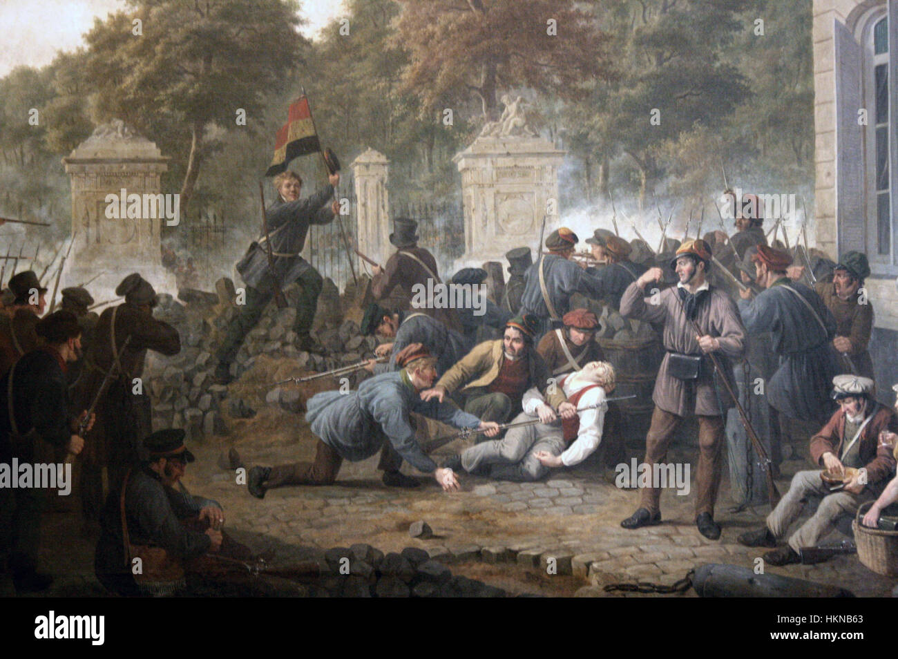 "Attaque du parc de Bruxelles" rappresenta un evento storico in cui le forze militari attaccano un parco di Bruxelles. Il dipinto fornisce una vivida rappresentazione di questo momento significativo della storia belga, catturando il dramma e l'intensità dell'assalto. Foto Stock