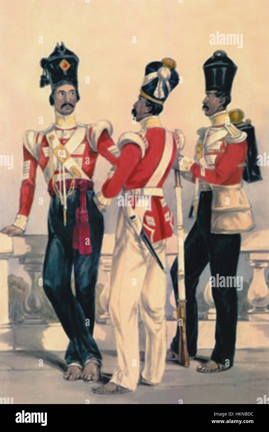 Il 32nd Madras Native Infantry era un reggimento dell'esercito della compagnia britannica delle Indie Orientali nel 1850. Questa unità storica servì in India e giocò un ruolo nelle operazioni militari coloniali britanniche durante il XIX secolo. Foto Stock