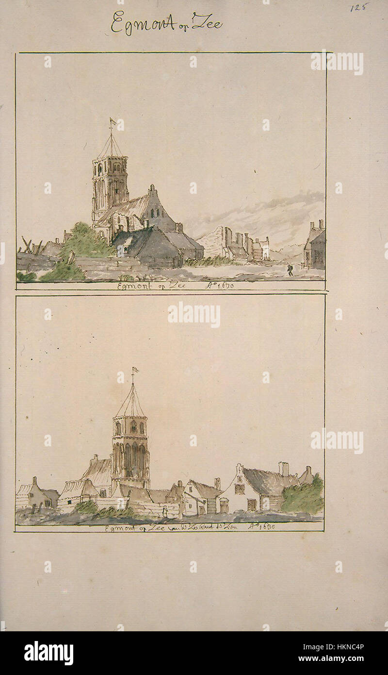 Questo dipinto di Atlas Schoemaker raffigura la città costiera di Egmond aan Zee nell'Olanda settentrionale, catturando il paesaggio con dettagli raffinati. Il pezzo ritrae l'ambiente naturale del villaggio e il suo posto lungo la costa olandese, riflettendo il realismo olandese del XIX secolo. Foto Stock
