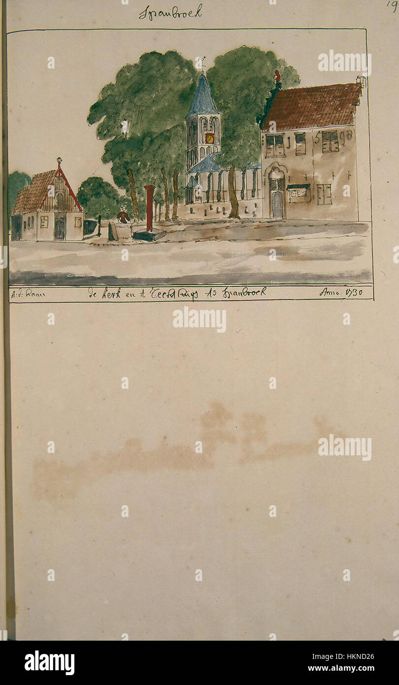 Questo dipinto ad olio di Atlas Schoemaker raffigura una vista panoramica di Spanbroek, un villaggio nell'Olanda settentrionale, Paesi Bassi. L'opera cattura l'essenza della vita rurale olandese e del paesaggio durante il XVIII secolo. Foto Stock