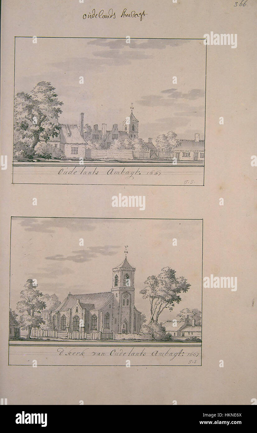 Questo dipinto ad olio intitolato *Atlas Schoemaker-ZUIDHOLLAND-DEEL4* raffigura una vista storica di Heer Oudelands Ambacht, un villaggio nella regione dell'Olanda meridionale, catturando il paesaggio e l'architettura della zona in passato. Foto Stock