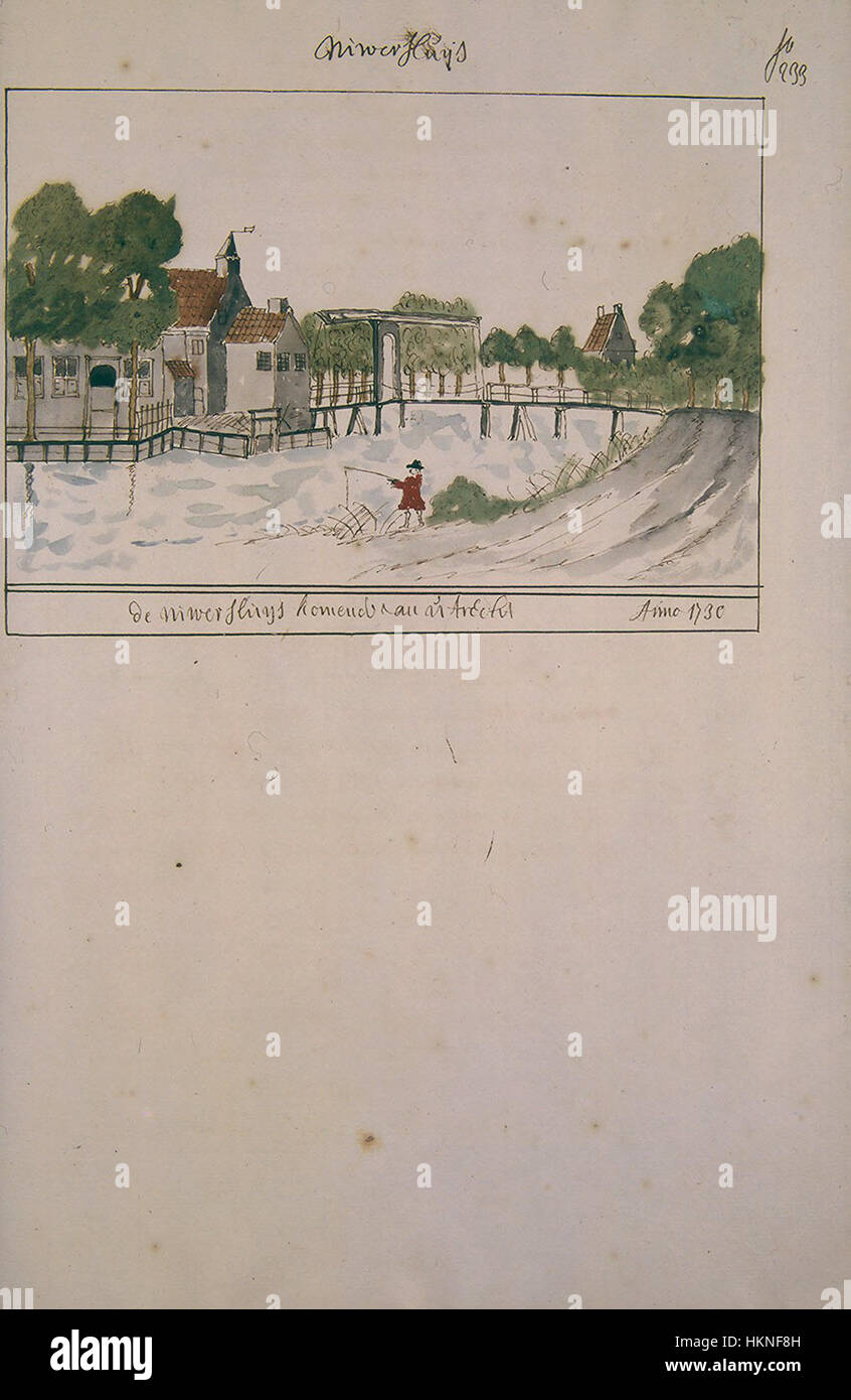 Un'illustrazione dell'Atlas Schoemaker, che mostra le città di Utrecht e Nieuwersluis nei Paesi Bassi. La mappa cattura la topografia delle regioni e i dettagli urbani durante il XVIII secolo. Foto Stock