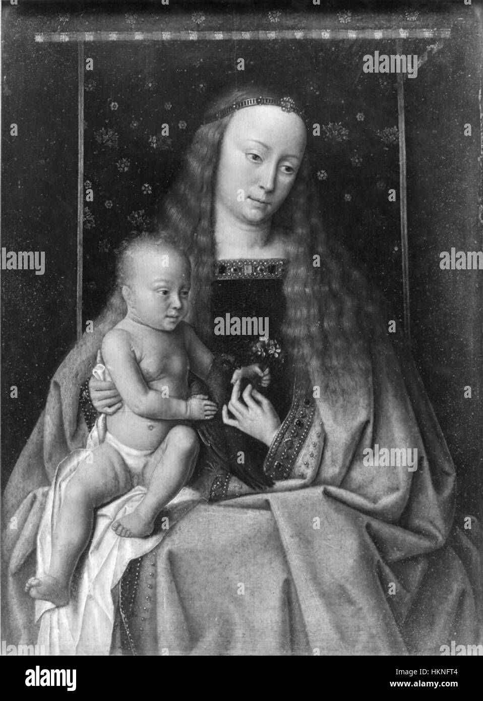 Questa opera è una riproduzione della "Vergine con bambino" di Jan van Eyck, che riflette la maestria dell'artista nella pittura ad olio e il suo approccio dettagliato all'iconografia religiosa. Il pezzo sottolinea la tenera relazione tra la Vergine Maria e il bambino di Cristo, un tema comune nella prima pittura olandese. Foto Stock