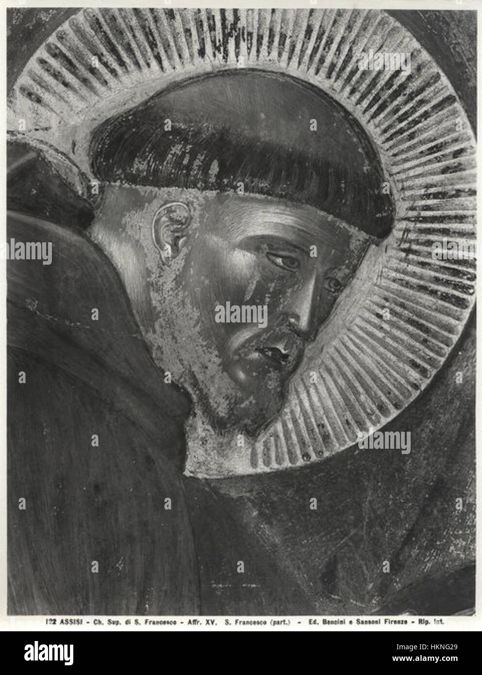 "Predica agli uccelli" è un dipinto attribuito a Giotto, raffigurante il momento iconico in cui San Francesco d'Assisi predica agli uccelli. Questa opera religiosa cattura un momento di compassione e connessione con la natura, caratteristica degli insegnamenti francescani. Foto Stock