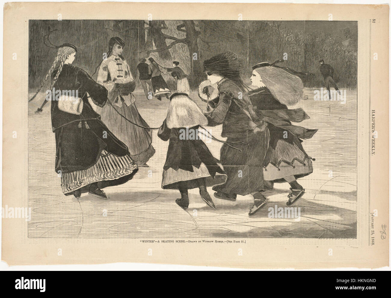 Questo dipinto, intitolato *Winter*, raffigura una vivace scena di pattinaggio, catturando l'energia e la gioia delle attività invernali. È ospitato nella collezione della Boston Public Library e rappresenta un'istantanea delle attività ricreative invernali americane del XIX o dell'inizio del XX secolo. Foto Stock