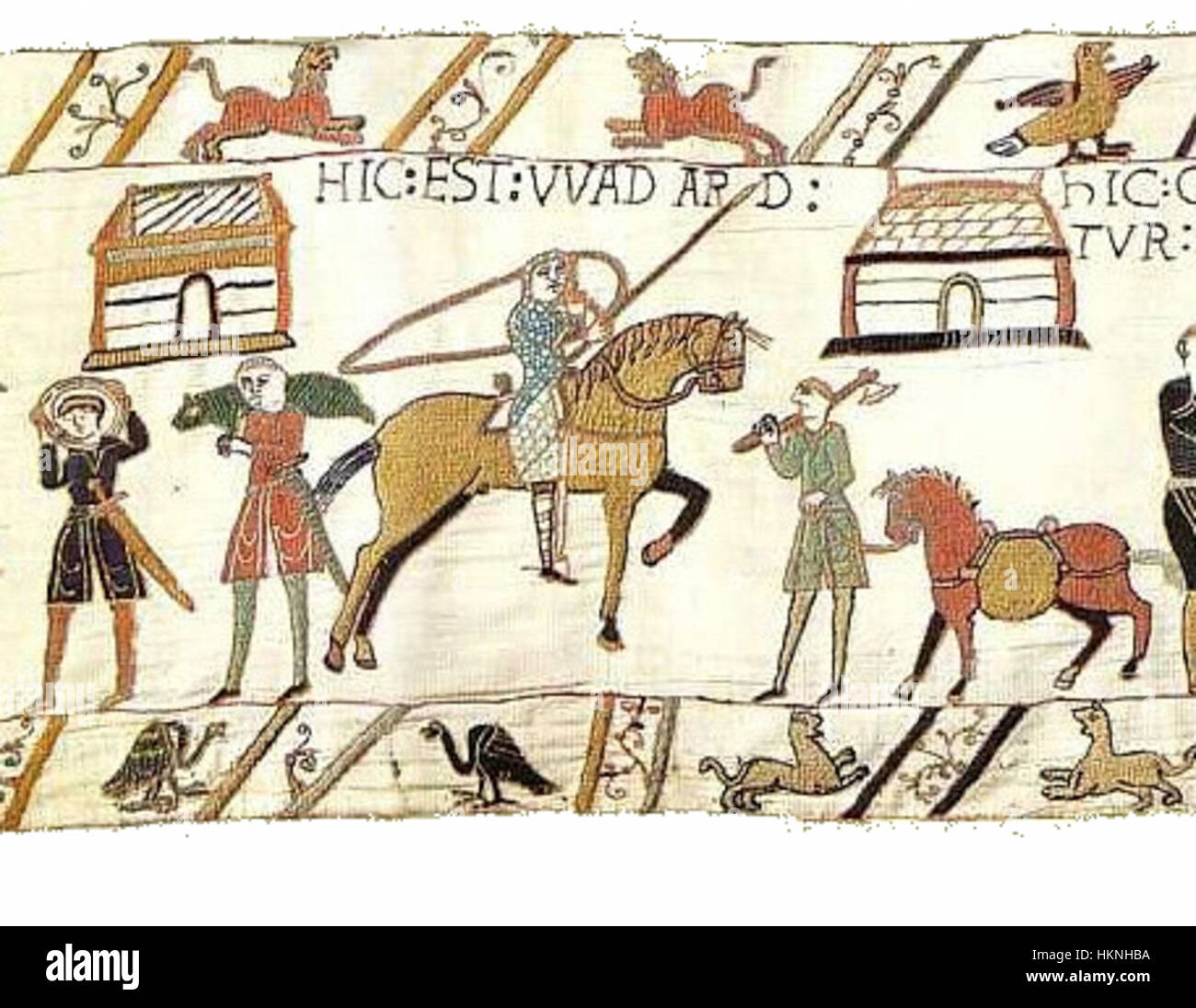 La scena 41 dell'arazzo di Bayeux illustra un momento chiave della conquista normanna dell'Inghilterra nel 1066. Questo ricamo dettagliato cattura i drammatici eventi della battaglia e le tattiche militari dell'epoca. Foto Stock