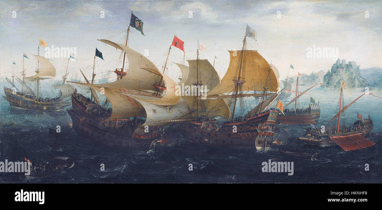 La battaglia di Cadice (1608) di Aert Anthonisz descrive la battaglia navale tra le flotte olandesi e spagnole durante la guerra degli ottant'anni. Il dipinto cattura l'intensità della guerra navale e le strategie utilizzate nel conflitto. Foto Stock