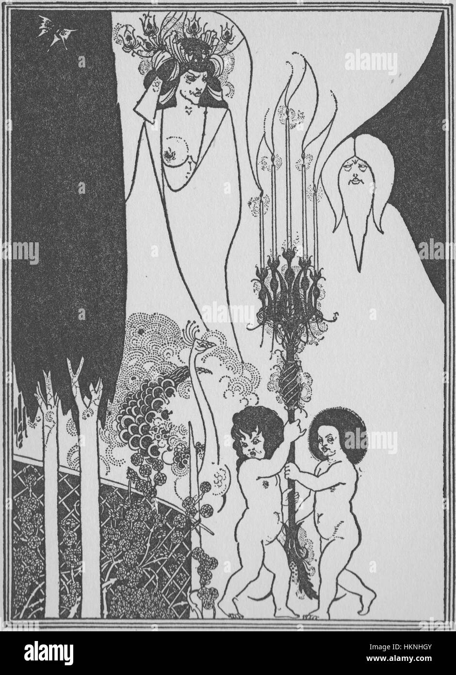 "Gli occhi di Erode" di Aubrey Beardsley è un'illustrazione suggestiva e dettagliata che riflette la maestria dell'artista nel disegno a penna e inchiostro. Il pezzo cattura la drammatica scena biblica, enfatizzando l'intenso sguardo del re Erode, simboleggiando il potere e la percezione in questa narrazione. Foto Stock