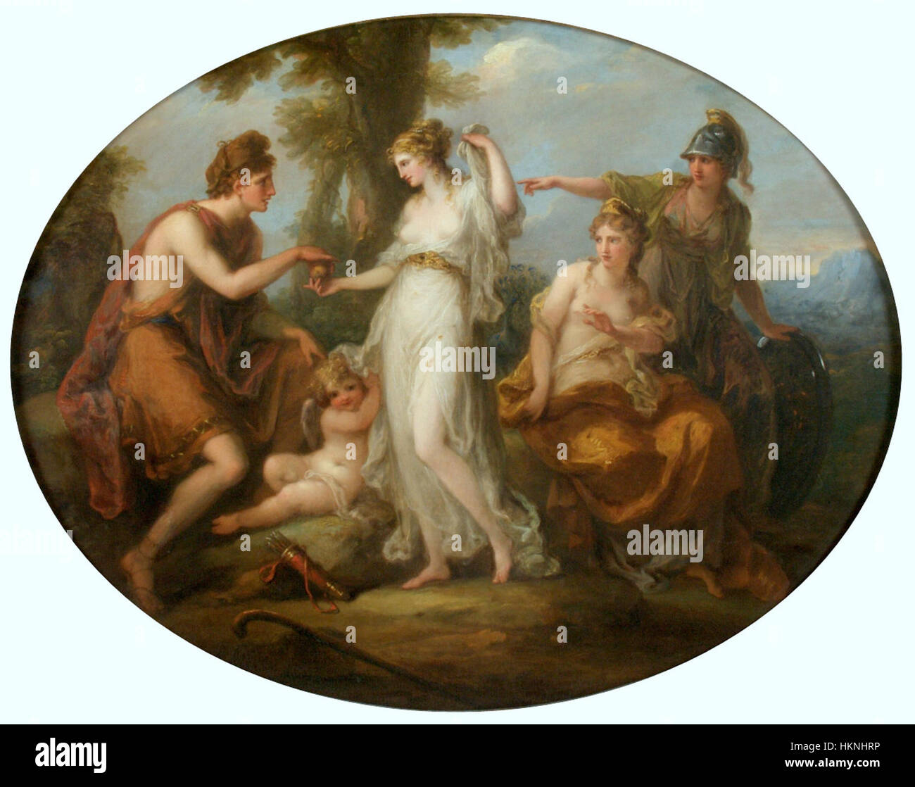 Questo dipinto di Angelica Kauffman raffigura la storia mitologica del giudizio di Parigi, dove a Parigi viene chiesto di scegliere la dea più bella. Lo stile neoclassico di Kauffman è evidente nella graziosa rappresentazione delle figure e nell'uso di colori morbidi e armoniosi. Foto Stock