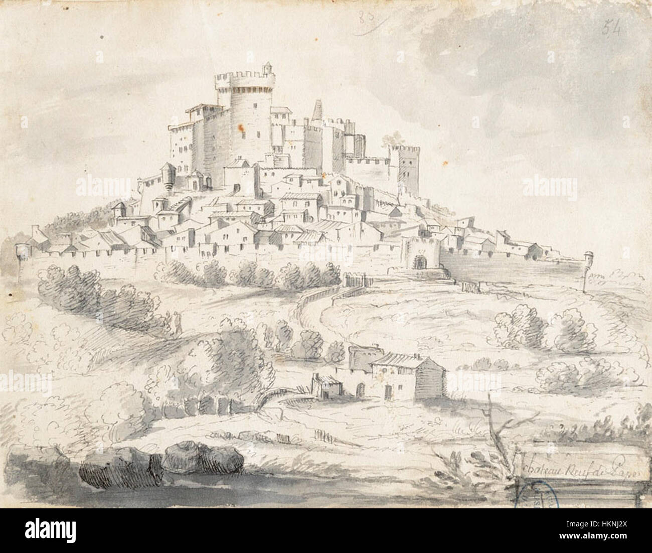 Un dipinto d'epoca della serie "album Laincel" che raffigura i vigneti panoramici di Châteauneuf-du-Pape in Francia, catturando l'essenza della cultura del vino e la bellezza agricola della regione. Foto Stock