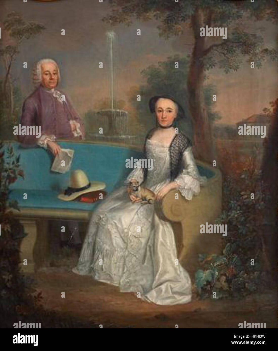 Il ritratto di Johann Ludwig Aberli 'Ehepaar Bachofen' (Ritratto di Mr. E Mrs. Bachofen) presenta una dettagliata raffigurazione della coppia Bachofen in abbigliamento svizzero del XVIII secolo. Questo dipinto riflette lo stato sociale e il patrimonio culturale dell'epoca in Svizzera. Foto Stock