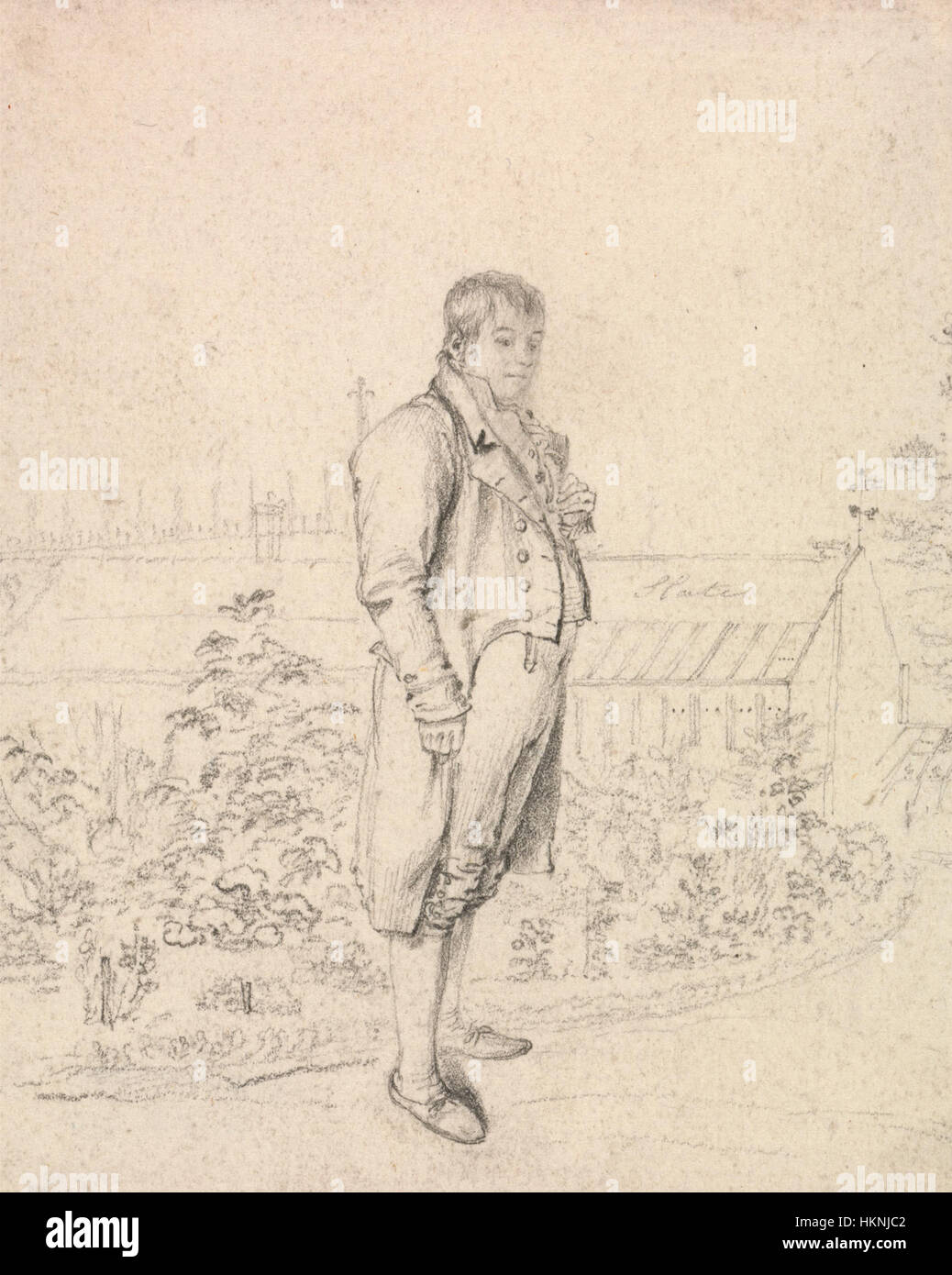 Questo schizzo di Joseph Slater ritrae Sir Walter Scott, il famoso autore scozzese, in un giardino. L'immagine cattura l'ambiente tranquillo, riflettendo l'amore di Scott per la natura e i suoi contributi letterari. Foto Stock