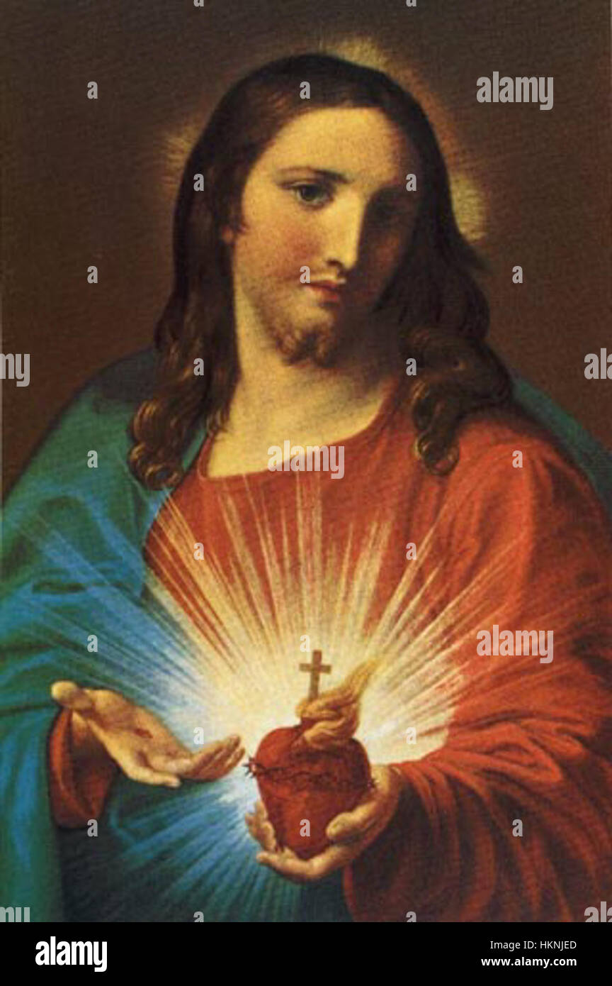 Questo dipinto di Pompeo Batoni, intitolato *Sacro cuore*, raffigura il simbolo religioso del Sacro cuore di Gesù, soggetto popolare dell'arte cattolica. Il pezzo enfatizza la devozione e il sacro attraverso colori vivaci e iconografie dettagliate. Foto Stock