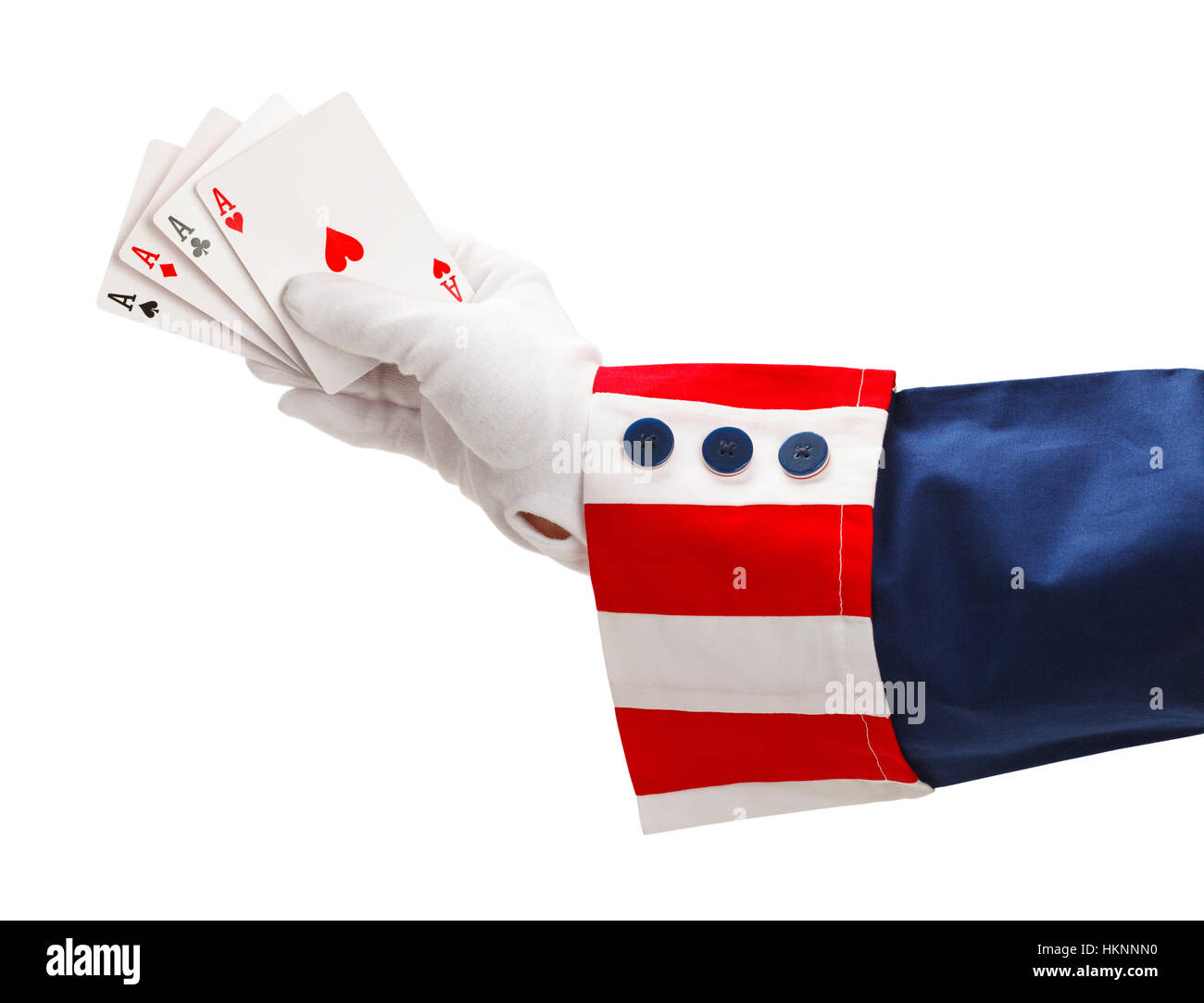 Presidente con quattro assi in mano isolati su sfondo bianco. Foto Stock