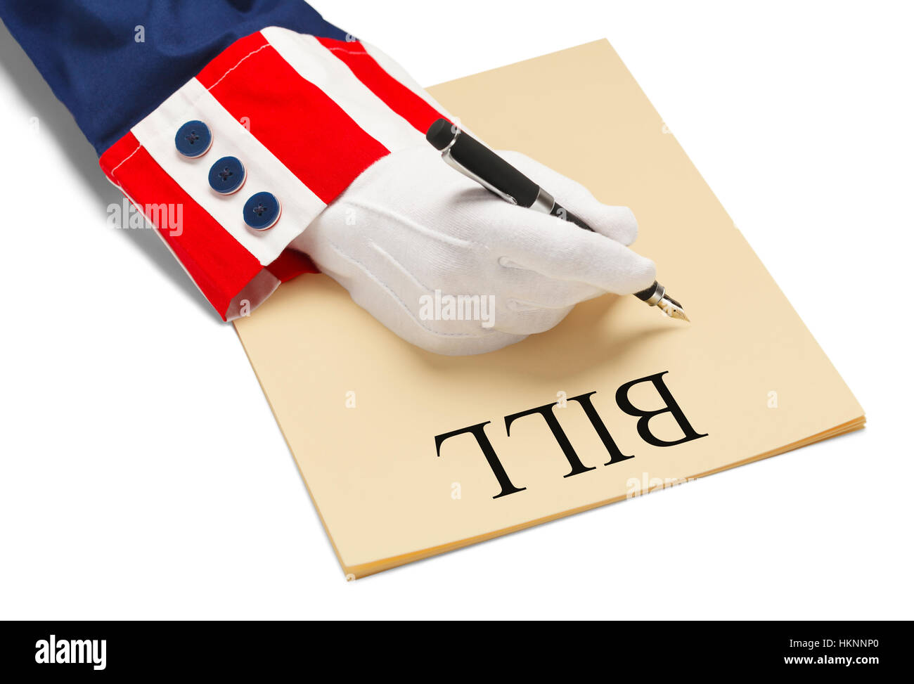 Il Presidente degli Stati Uniti la scrittura di disegno di legge su carta con una penna isolata su sfondo bianco. Foto Stock