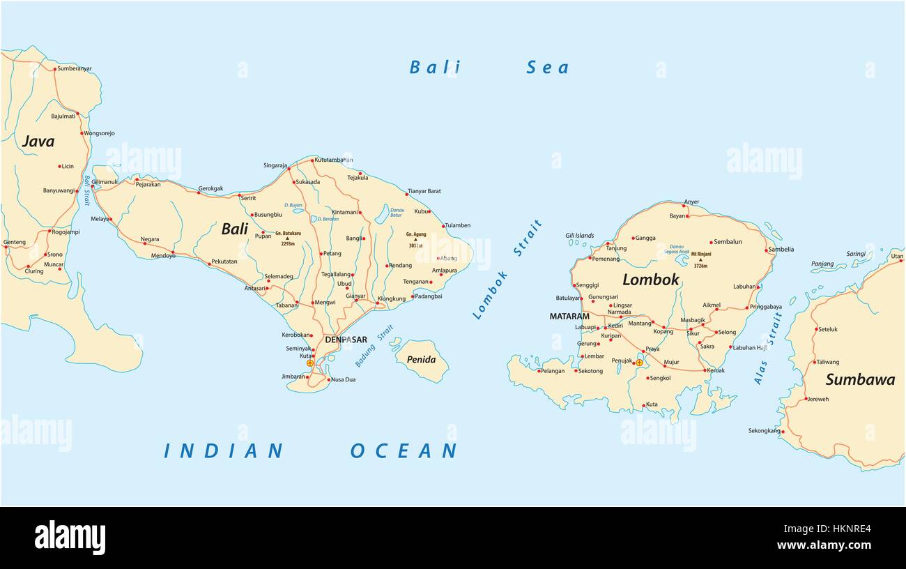 Vettore mappa stradale di Indonesian Lesser Sunda Islands Bali e Lombok Illustrazione Vettoriale