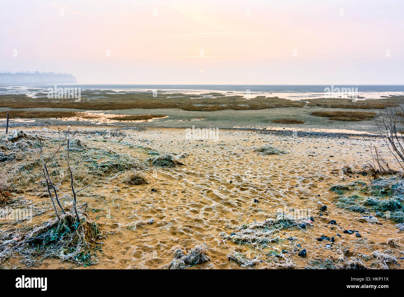 Inghilterra, Ramsgate. L'inverno. Alba sul Canale Inglese e Pegwell Bay. La brina sulla spiaggia, l'acqua salata paludi con erba spartina con la bassa marea. Foto Stock