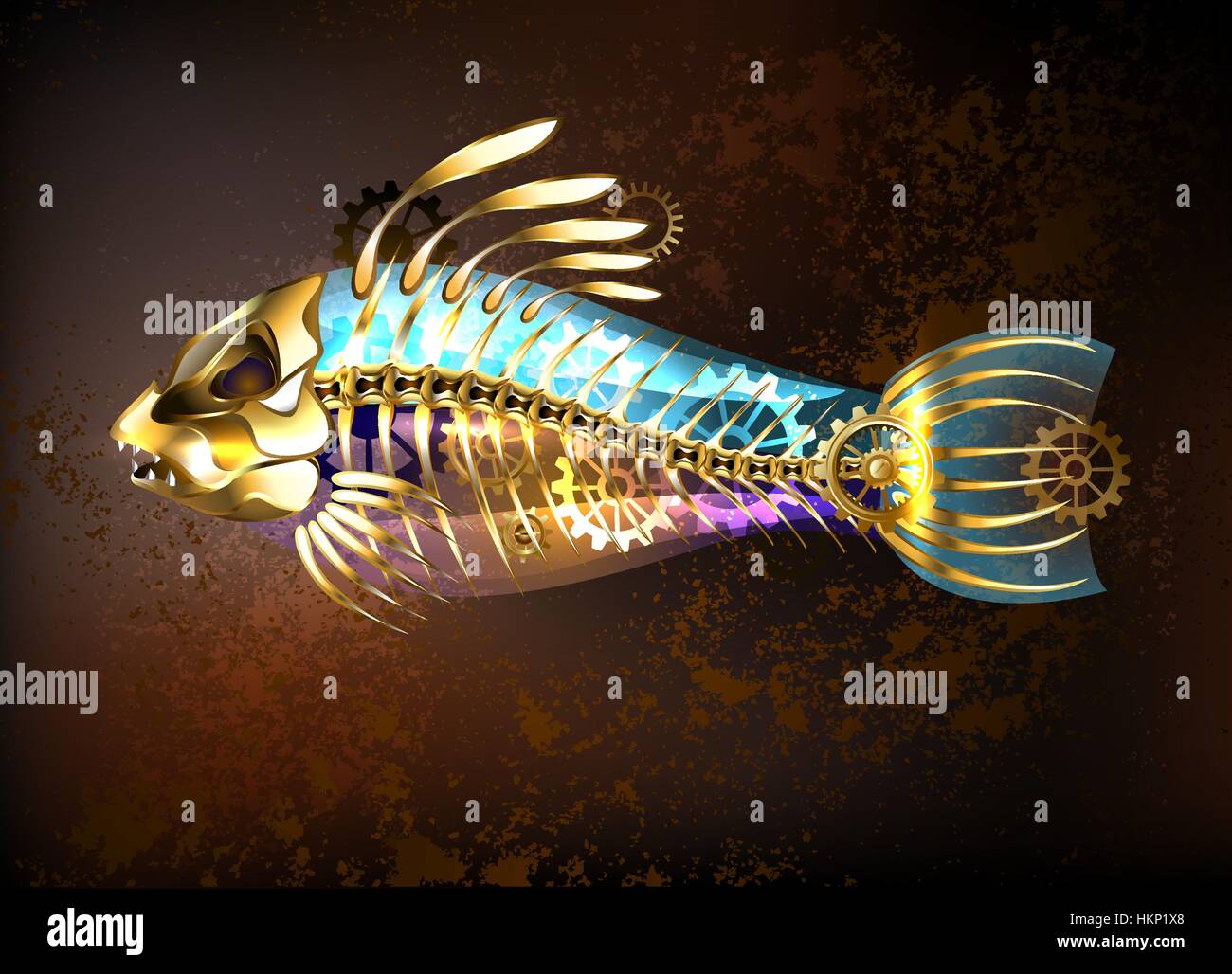 Meccanica, oro antico pesci con scheletro e marce su uno sfondo di colore marrone. Steampunk stile. Illustrazione Vettoriale