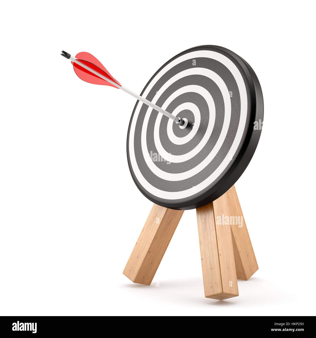 La scheda target con la freccia ha colpito isolati su sfondo bianco. 3D rendering immagine Foto Stock