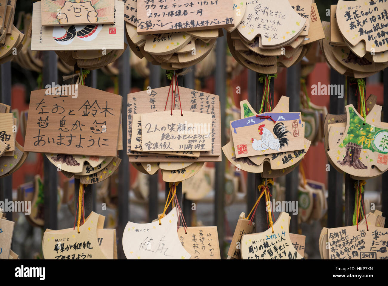 Schede di preghiera a Tsurugaoka Hachimangū (鶴岡八幡宮) , il più importante santuario scintoista nella città di Kamakura, Giappone Foto Stock