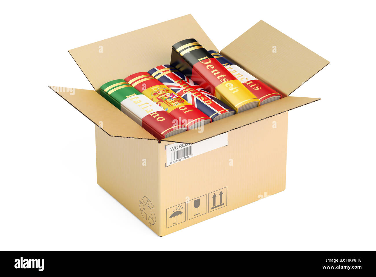 Ha aperto la scatola di cartone con libri in lingua, rendering 3D isolati su sfondo bianco Foto Stock