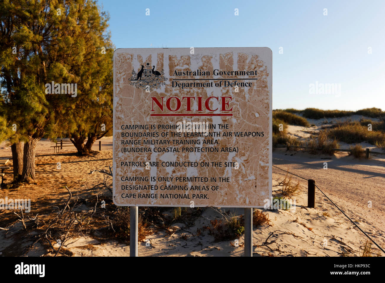 Ministero australiano della difesa avviso, Cape Range National Park, Australia occidentale. Foto Stock