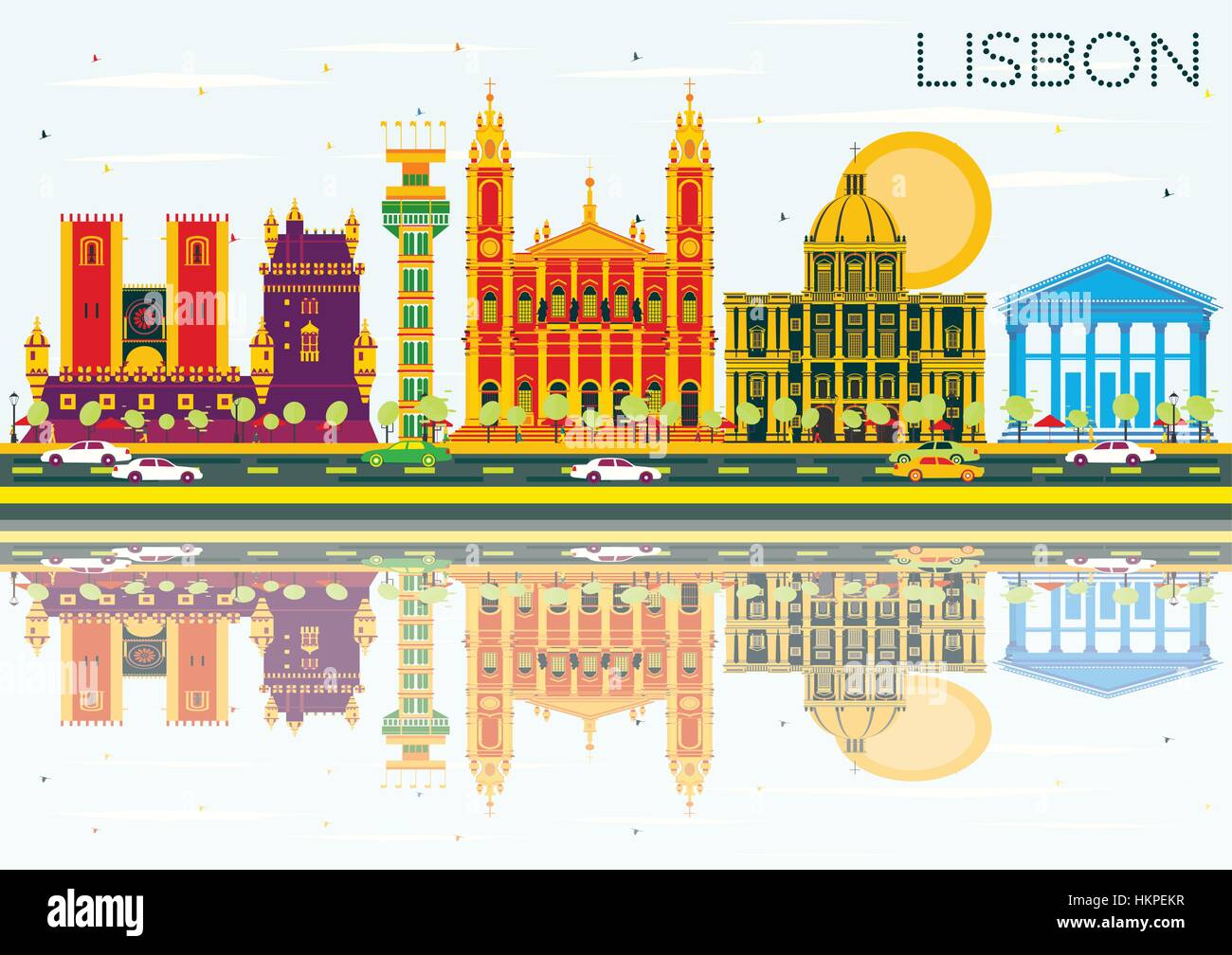 Lo Skyline di Lisbona con edifici di colore, cielo blu e riflessi. Illustrazione Vettoriale. Viaggi di affari e di turismo con il concetto di architettura storica. Illustrazione Vettoriale