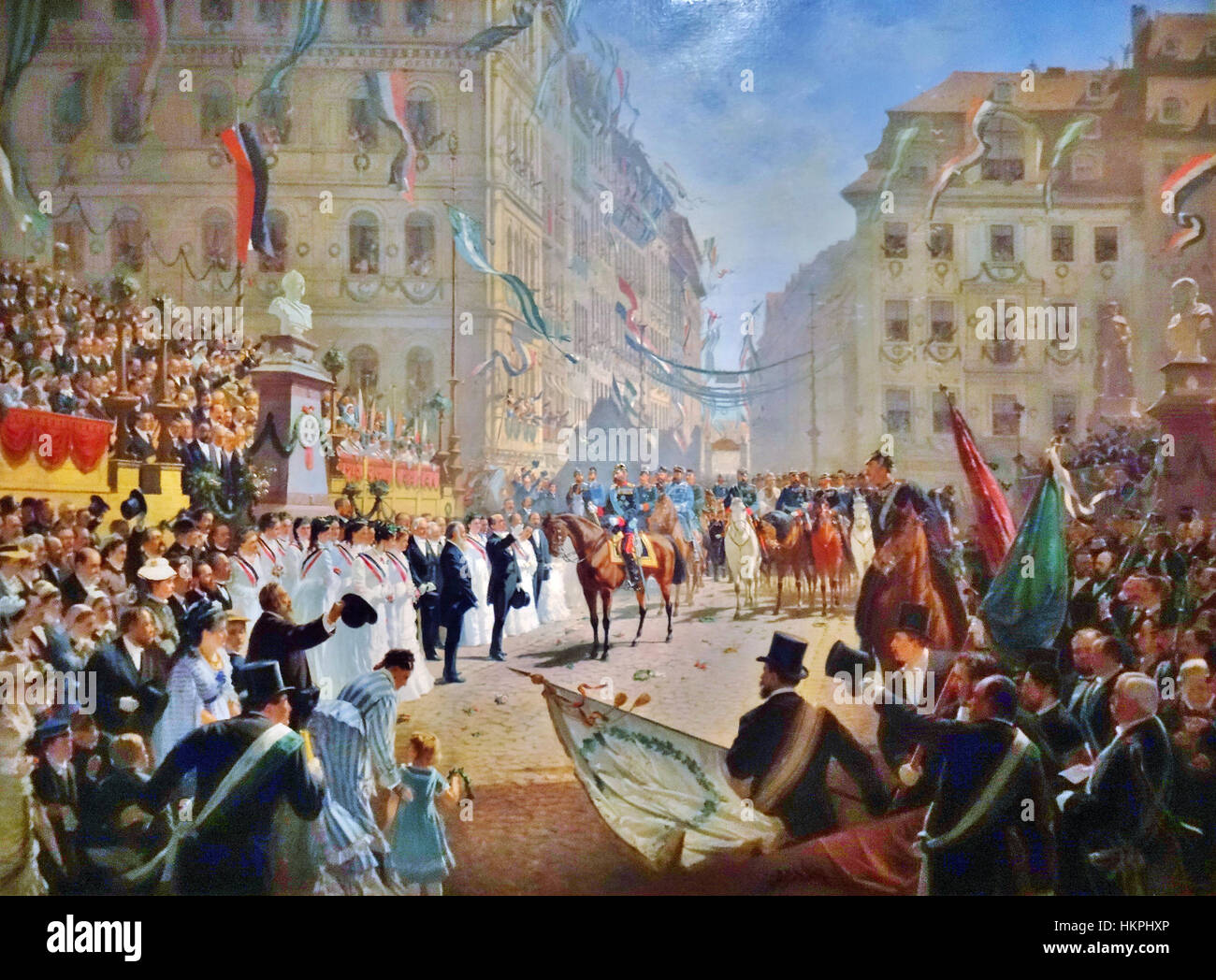 FRANCO-guerra prussiano 1870. Il principe Alberto di Sassonia celebra la vittoria di Prussia a una sfilata di Dresda nel luglio 1871 Foto Stock