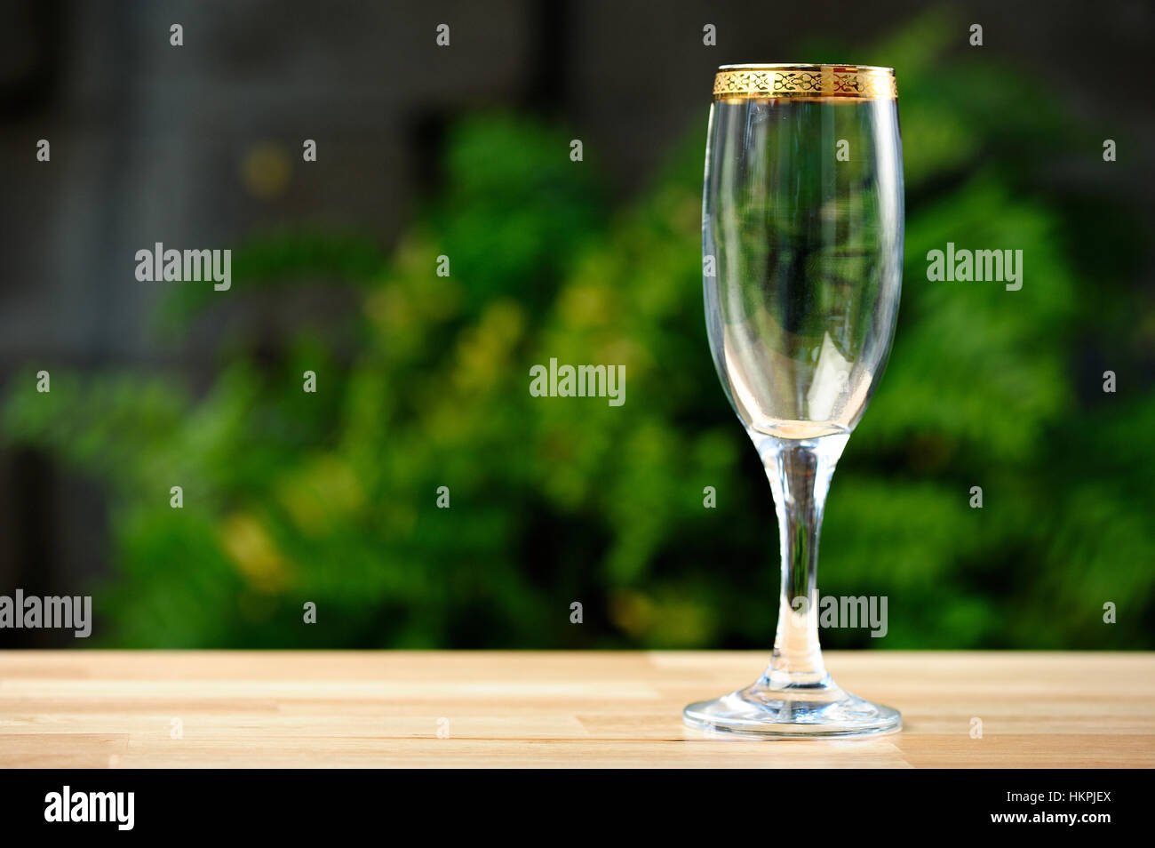 Vino vuote di vetro con striscia oro sul parco verde di sfondo Foto Stock