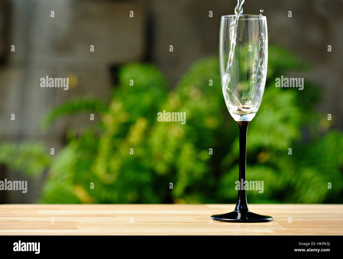 Versare lo champagne nel bicchiere vuoto in giardino verde Foto Stock