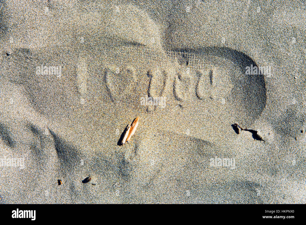 Footprint dice ti amo. Kalaloch Beach State Park, Washington. Spiagge in Kalaloch area del Parco Nazionale di Olympic, identificati dai numeri di trail Foto Stock