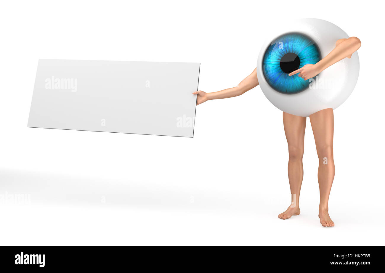 Big blue eye è tavolo con spazio libero per il vostro testo e visualizza su di esso. isolato 3D render illustrazione. Foto Stock
