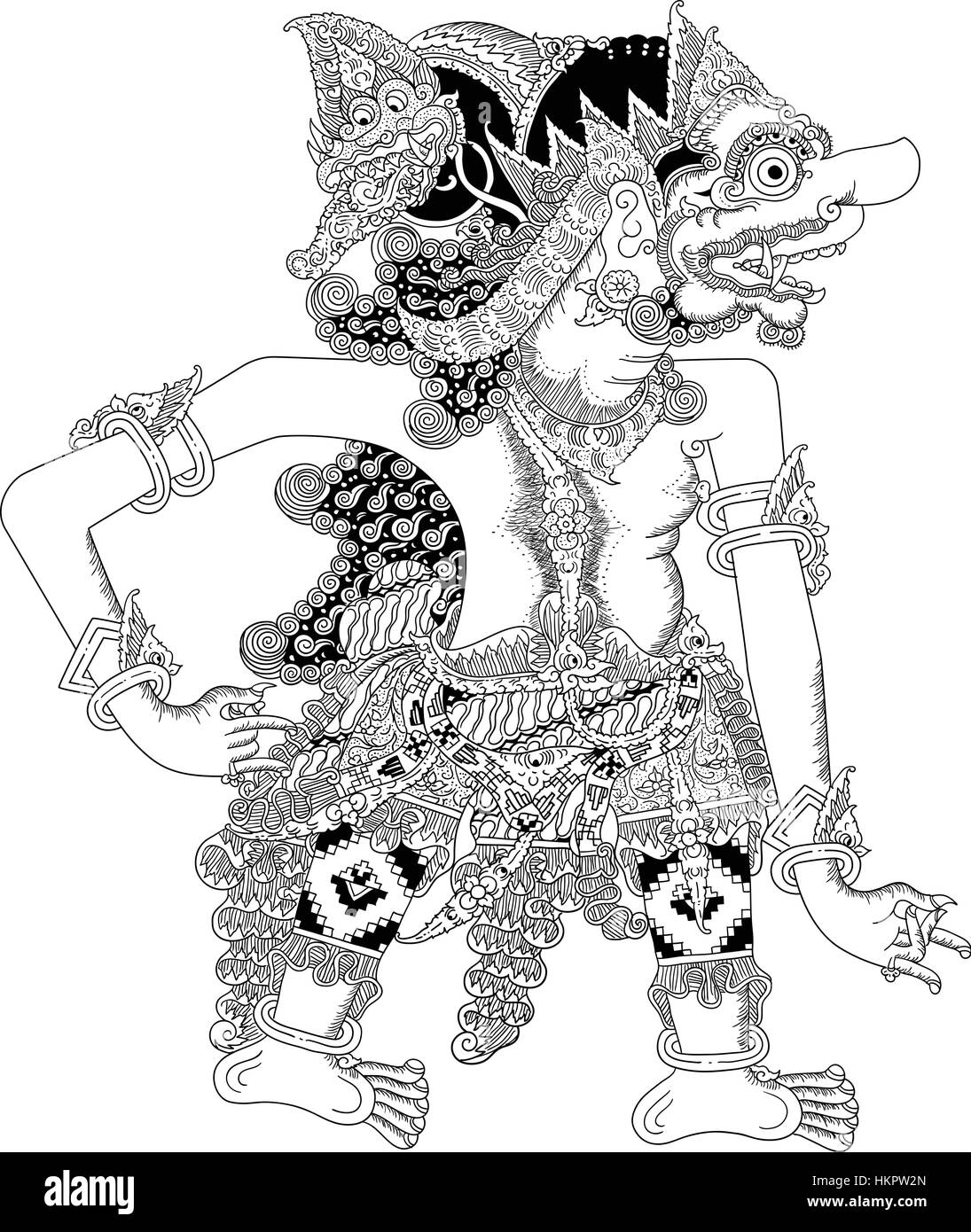 Gohmuko, un carattere di tradizionale spettacolo di marionette, Wayang Kulit da java indonesia. Illustrazione Vettoriale