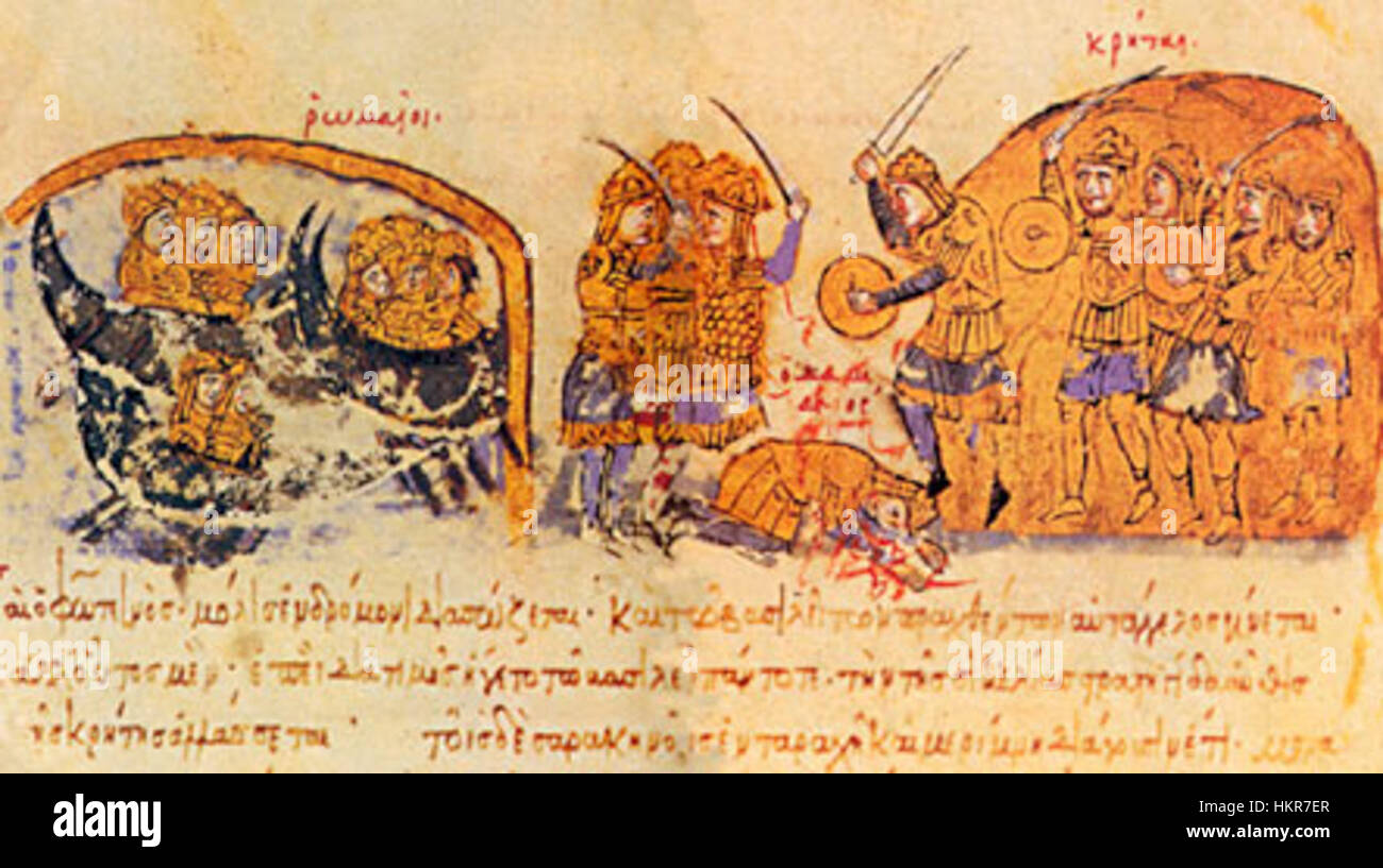 Il dipinto illustra una scena storica che raffigura l'attacco bizantino a Creta, un evento chiave nella storia medievale, catturato in un antico stile artistico. Foto Stock