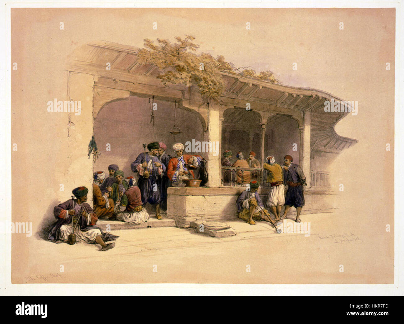 Questo dipinto di David Roberts raffigura una vivace scena di caffè al Cairo, catturando la vita quotidiana e l'atmosfera vibrante dell'Egitto del XIX secolo. Roberts, noto per le sue raffigurazioni del Medio Oriente, illustra splendidamente la cultura e l'ambientazione del Cairo durante questo periodo. Foto Stock