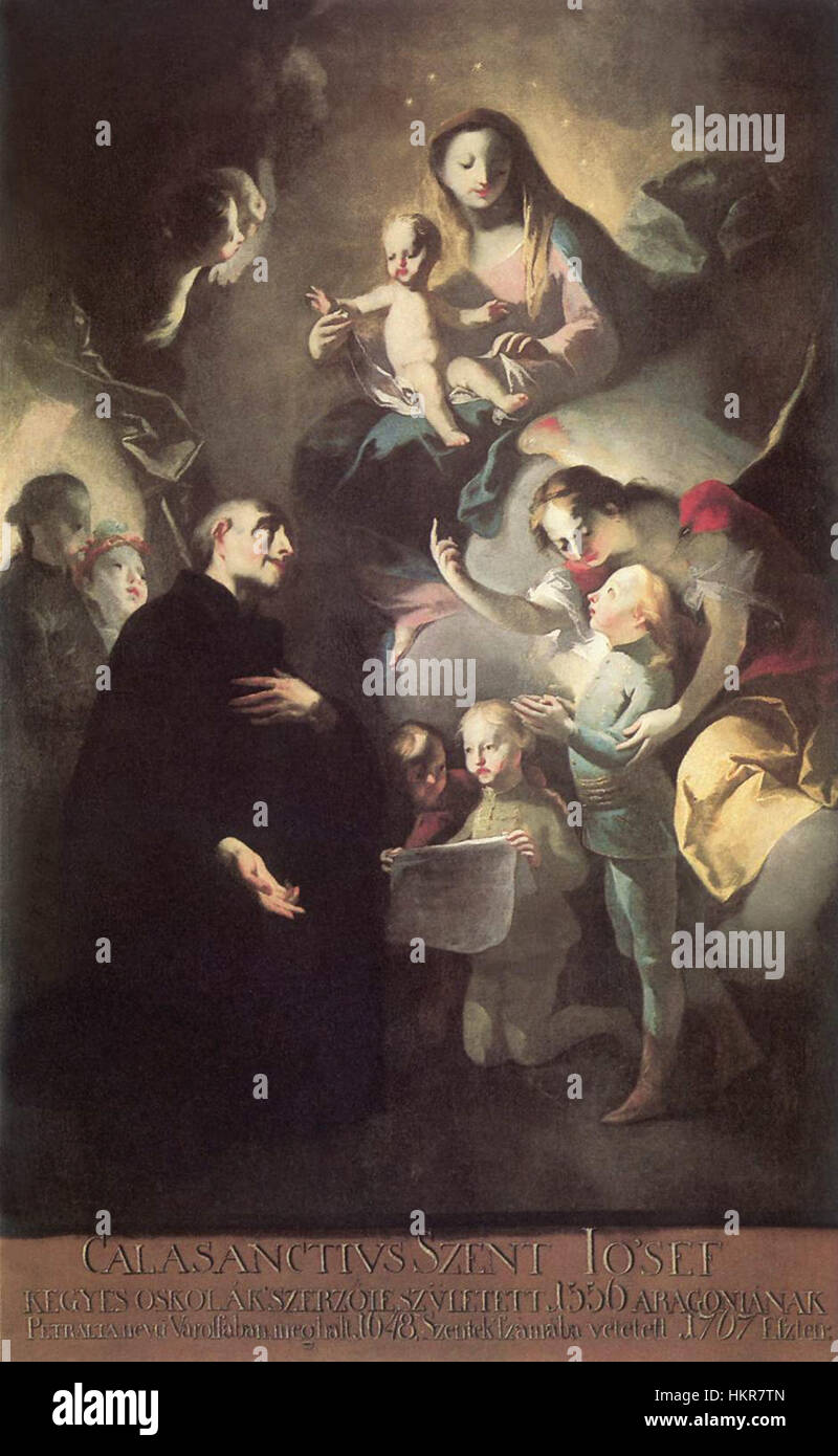 Questa opera intitolata "Calasanc" raffigura la figura storica di San Giuseppe Calasanzio, sacerdote ed educatore. Il dipinto riflette la sua dedizione all'educazione e al servizio religioso durante il primo periodo moderno. Foto Stock