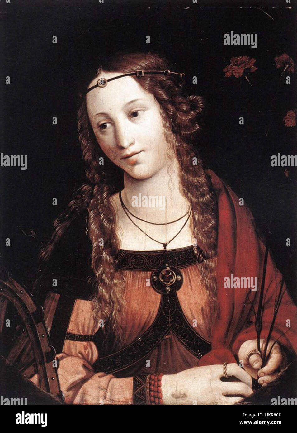 Questo dipinto di Callisto Piazza da Lodi ritrae Santa Caterina d'Alessandria, evidenziando il suo significato come martire cristiana. L'opera mostra la maestria dell'artista nella ritrattistica religiosa e nelle tecniche di pittura classica. Foto Stock