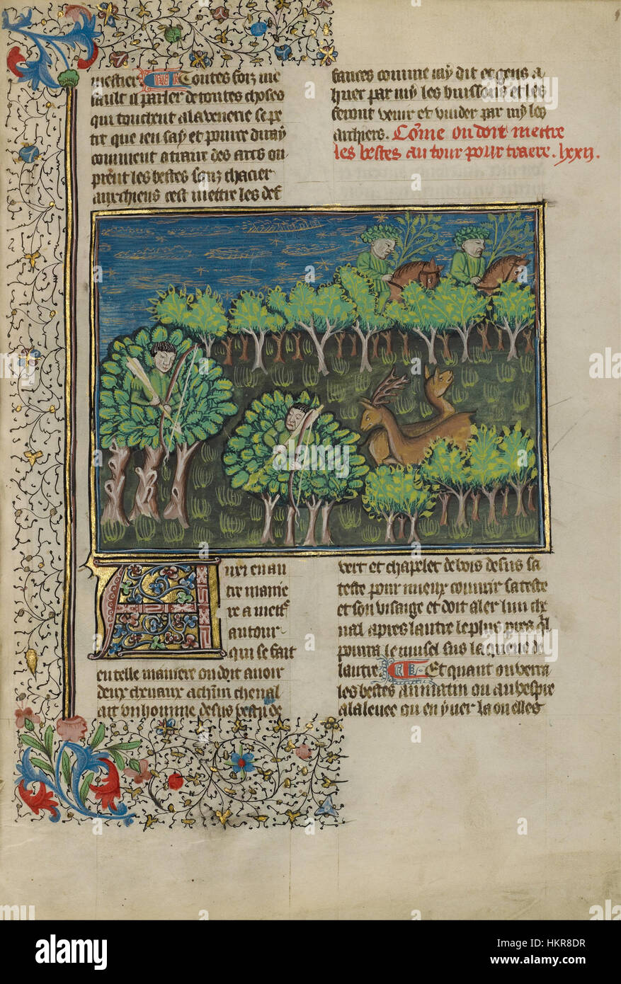 Questa opera d'arte ritrae i cacciatori mimetizzati in natura, preparandosi ad attaccare un cervo. La rappresentazione mostra la tensione della caccia, catturando l'abilità e la furtività dei cacciatori mentre si mescolano nel loro ambiente per catturare le loro prede. Foto Stock