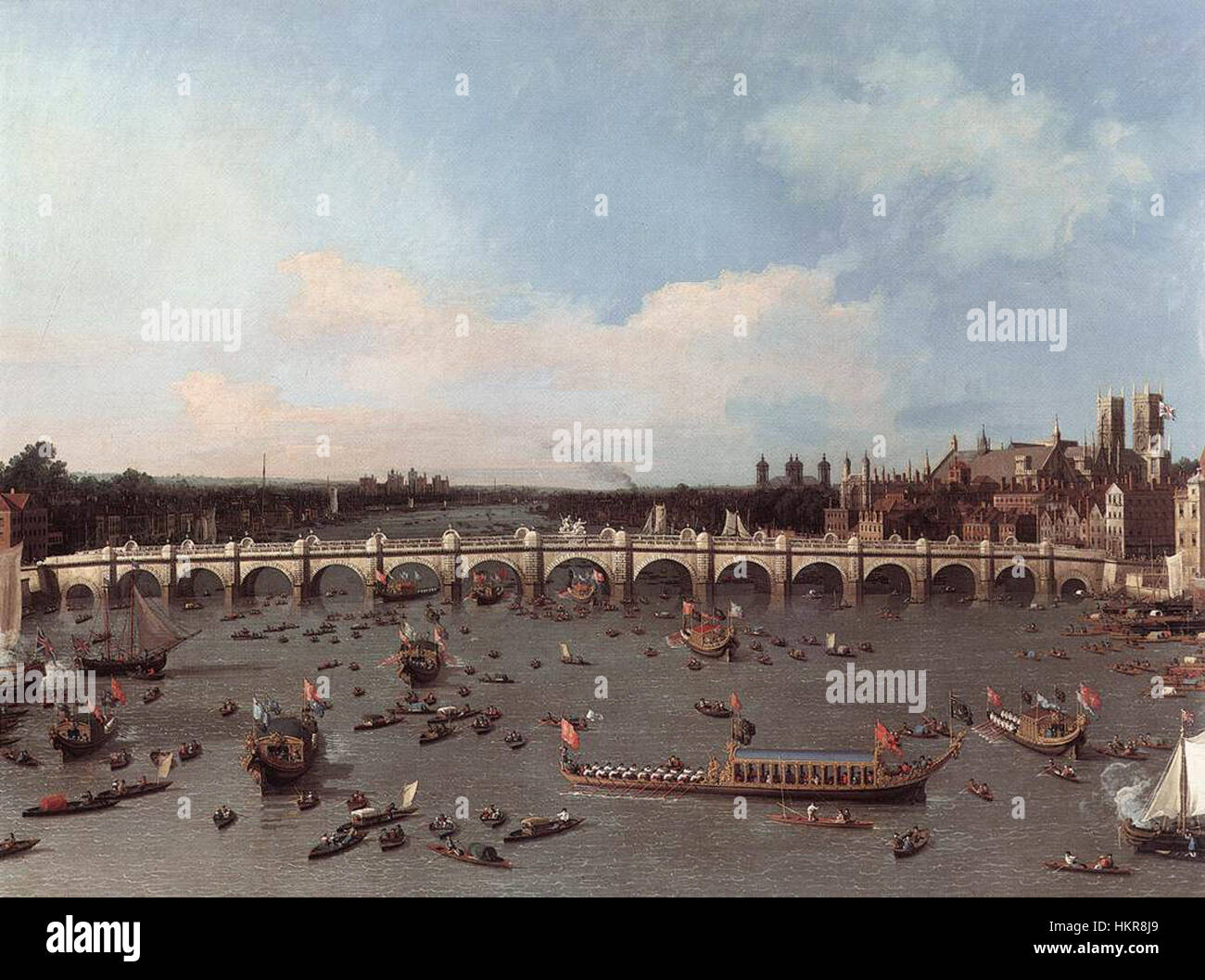 Questo famoso dipinto del 1746 di Canaletto raffigura il Westminster Bridge di Londra. Le dettagliate opere d'arte catturano l'atmosfera vivace della Londra del XVIII secolo, mostrando l'iconico ponte e il traffico fluviale lungo il Tamigi. Foto Stock