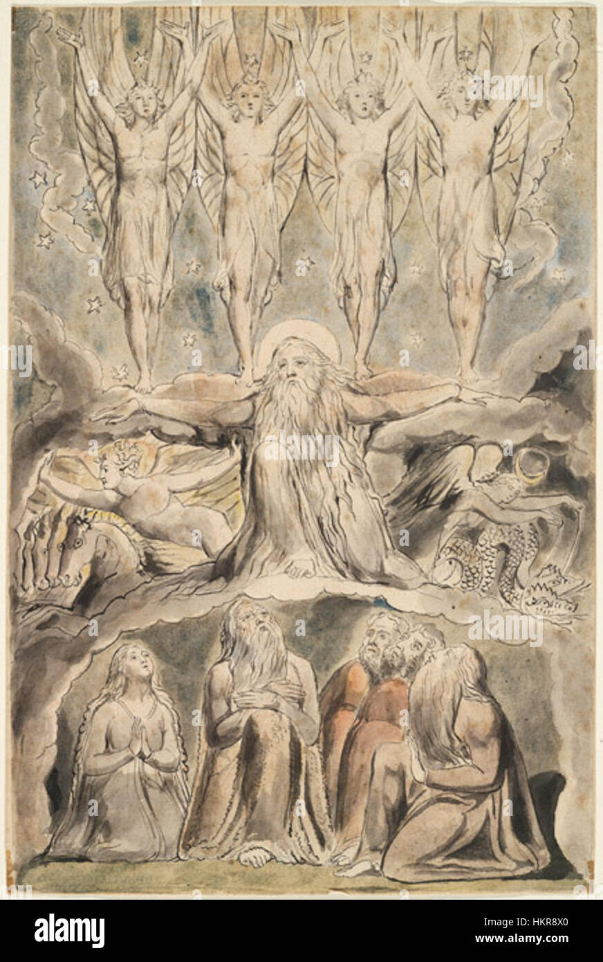 Il "Libro di lavoro" di William Blake, illustrato da Linell, presenta una serie di incisioni espressive basate sulla storia biblica di Giobbe. Queste illustrazioni sono notevoli per la loro intensa profondità emotiva e la rappresentazione simbolica della sofferenza e della fede. Foto Stock