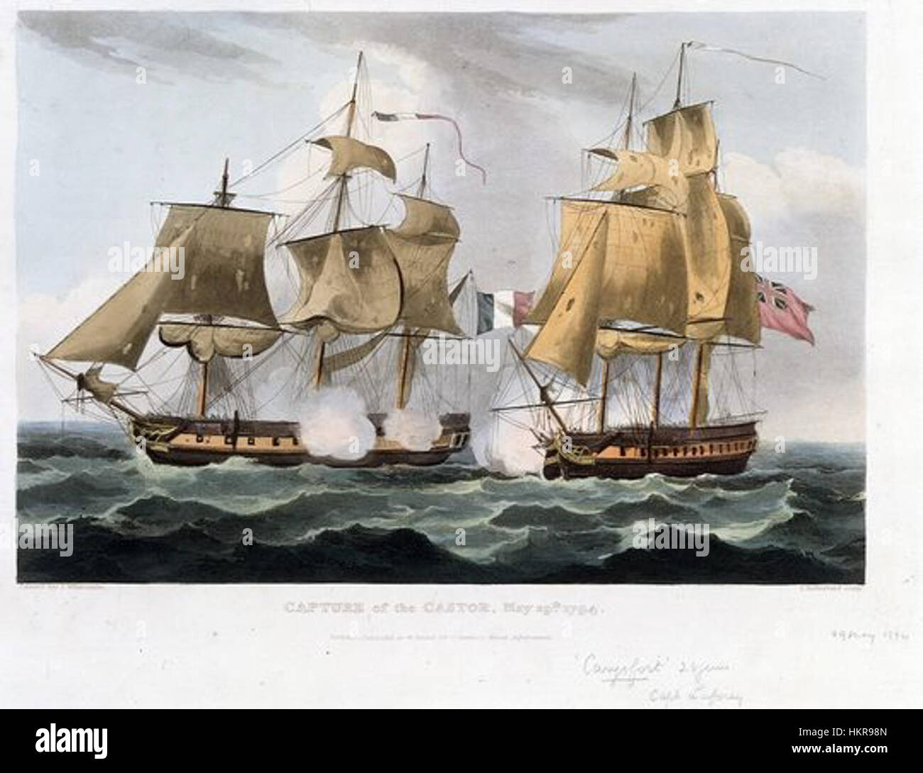 Il dipinto "Cattura del Castore" illustra la battaglia navale in cui gli inglesi catturarono la nave francese *Castor*. L'opera raffigura l'intenso momento della battaglia, mettendo in evidenza la guerra navale del XVIII secolo. Foto Stock