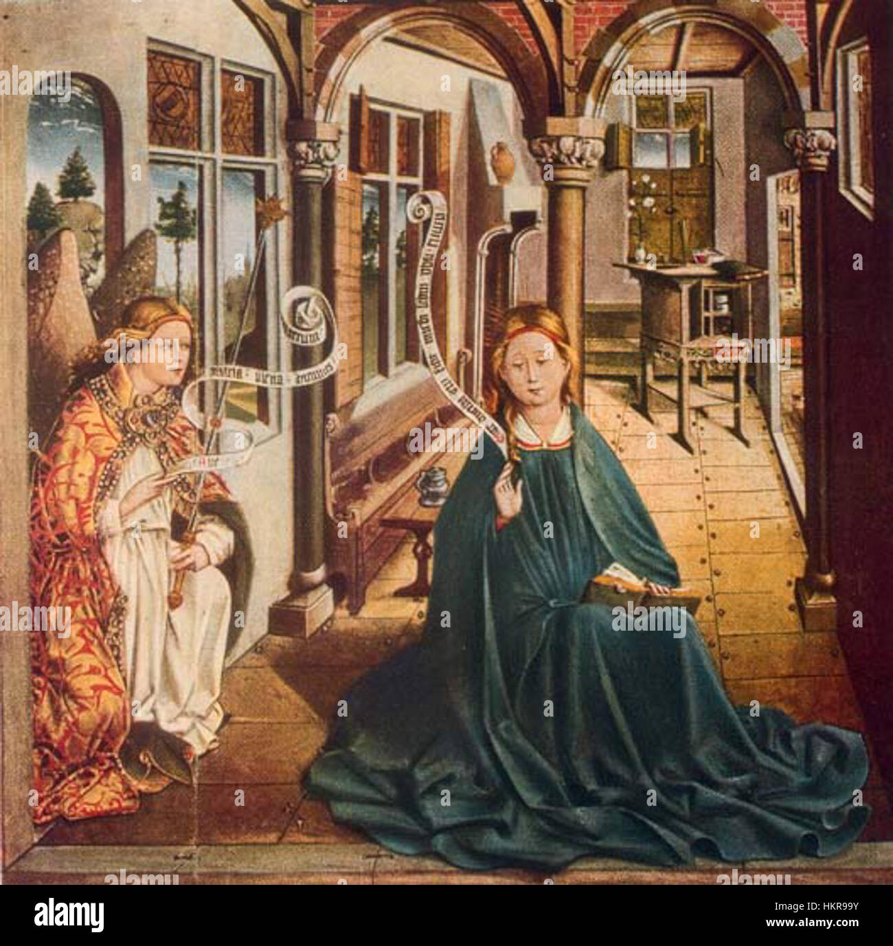 Questa opera d'arte raffigura una scena di Iserlohn, in Germania, che mostra un evento storico. Il dipinto cattura un momento significativo nella storia della città, illustrando sia l'architettura medievale della città che gli eventi che si svolgono al suo interno. Foto Stock