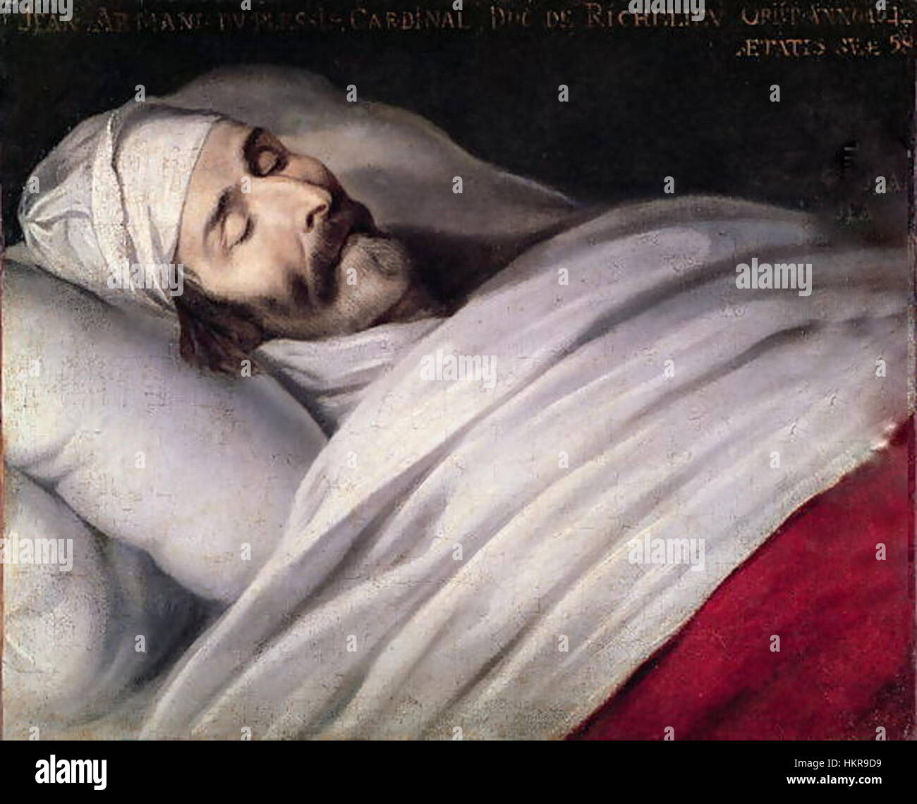 *Il Cardinale Richelieu sul suo letto di morte* raffigura gli ultimi momenti dello statista francese Cardinale Richelieu. Noto per il suo potere politico, l'immagine di Richelieu qui cattura sia la gravitas del suo ruolo nella storia che il suo declino personale. Foto Stock