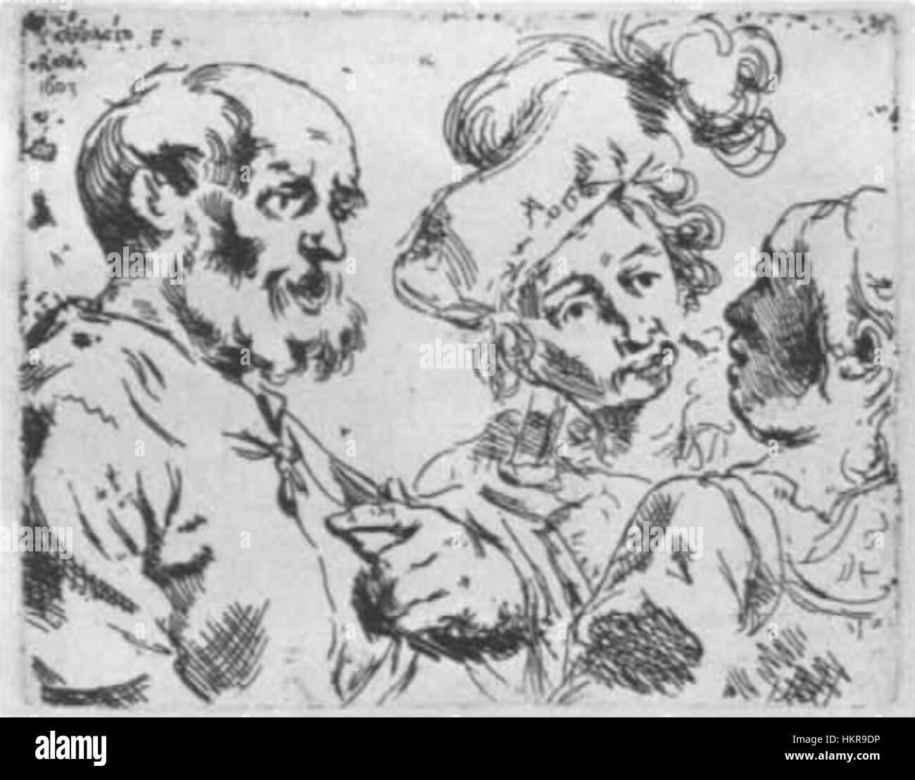 La "negazione di San Pietro" di Caravaggio (1603) cattura il momento del tradimento di San Pietro, rappresentato con intenso realismo e drammatico uso di luce e ombra in un'incisione. Foto Stock