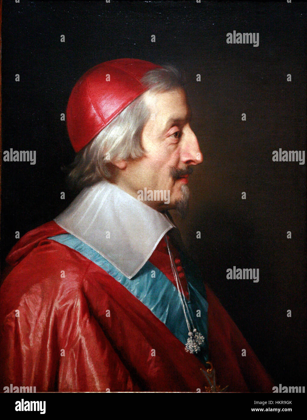 Questo ritratto del cardinale de Richelieu, una figura di spicco nella storia francese, cattura il suo ruolo influente come primo ministro di re Luigi XIII. Noto per il suo acume politico e la sua leadership strategica, i contributi di Richelieu hanno plasmato la politica nazionale e internazionale della Francia. Foto Stock
