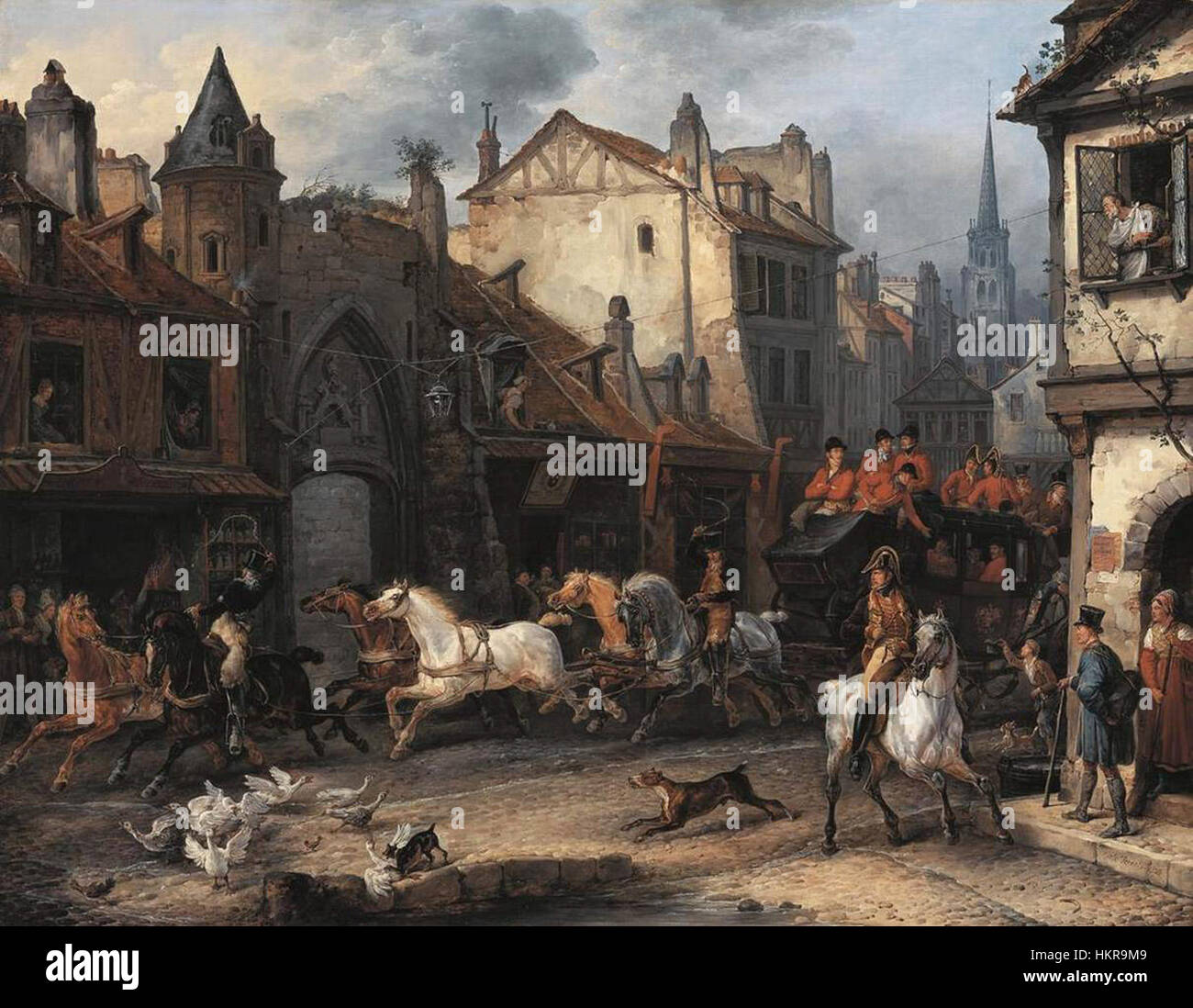 Il "ritorno dalla caccia" di Carle Vernet mostra una scena di cacciatori che tornano da una caccia di successo. Il dipinto presenta cavalli, cani e cacciatori, sottolineando la pratica culturale della caccia nella Francia del XVIII secolo. Il lavoro di Vernet mette in evidenza la bellezza dell'ambiente naturale e il ruolo della caccia nella vita aristocratica. Foto Stock