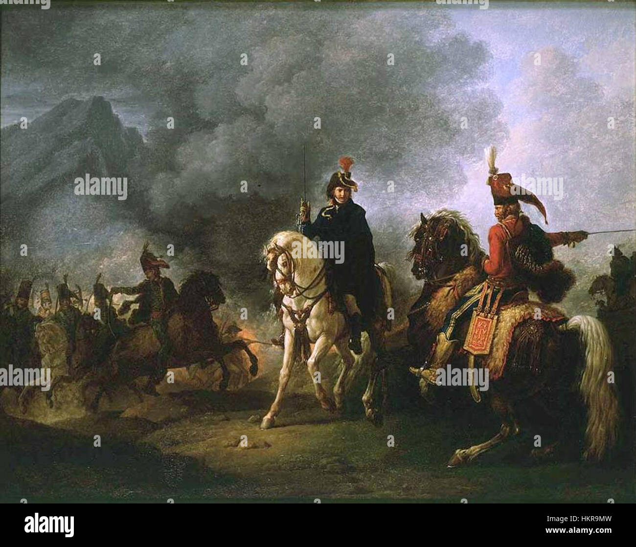 "Un generale con il suo aiutante di campo" di Carle Vernet raffigura una scena militare del XIX secolo, che mostra un generale accompagnato dal suo aiutante. Vernet era noto per i suoi soggetti militari e questo dipinto riflette la sua abilità nel ritrarre figure militari e l'atmosfera dell'epoca. Foto Stock