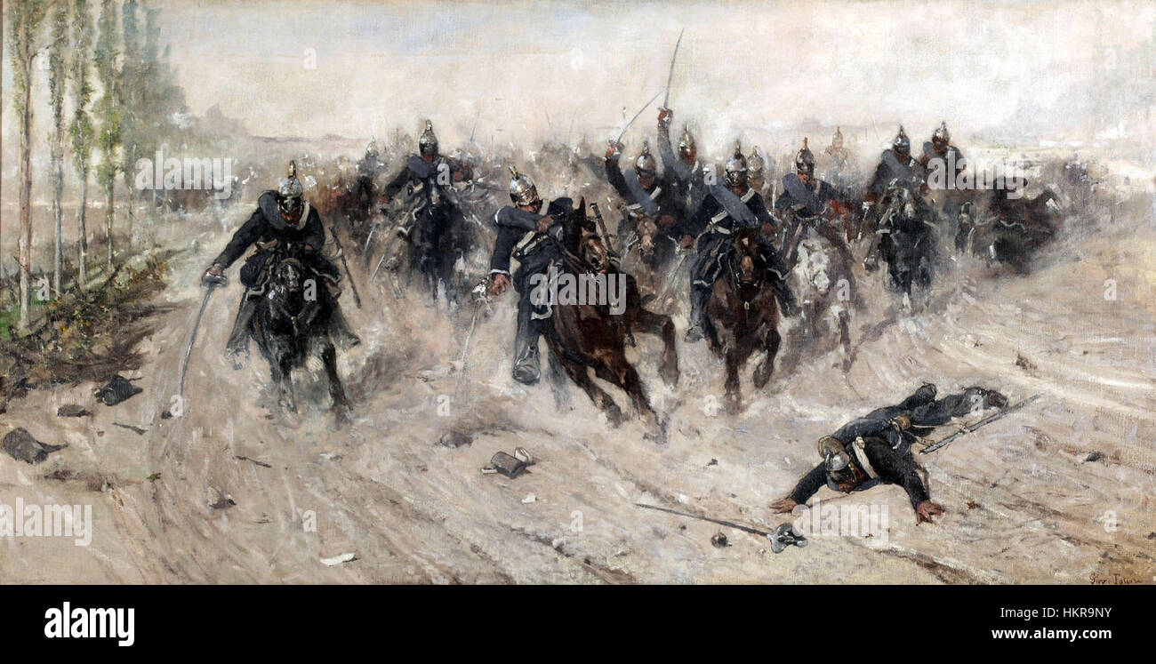 Questa opera intitolata "carica di cavalleria" ritrae una carica di cavalleria, illustrando l'intensità e il movimento della scena. Il pezzo cattura il potere e il dinamismo del combattimento militare, caratteristica delle rappresentazioni storiche di battaglia nell'arte. Foto Stock