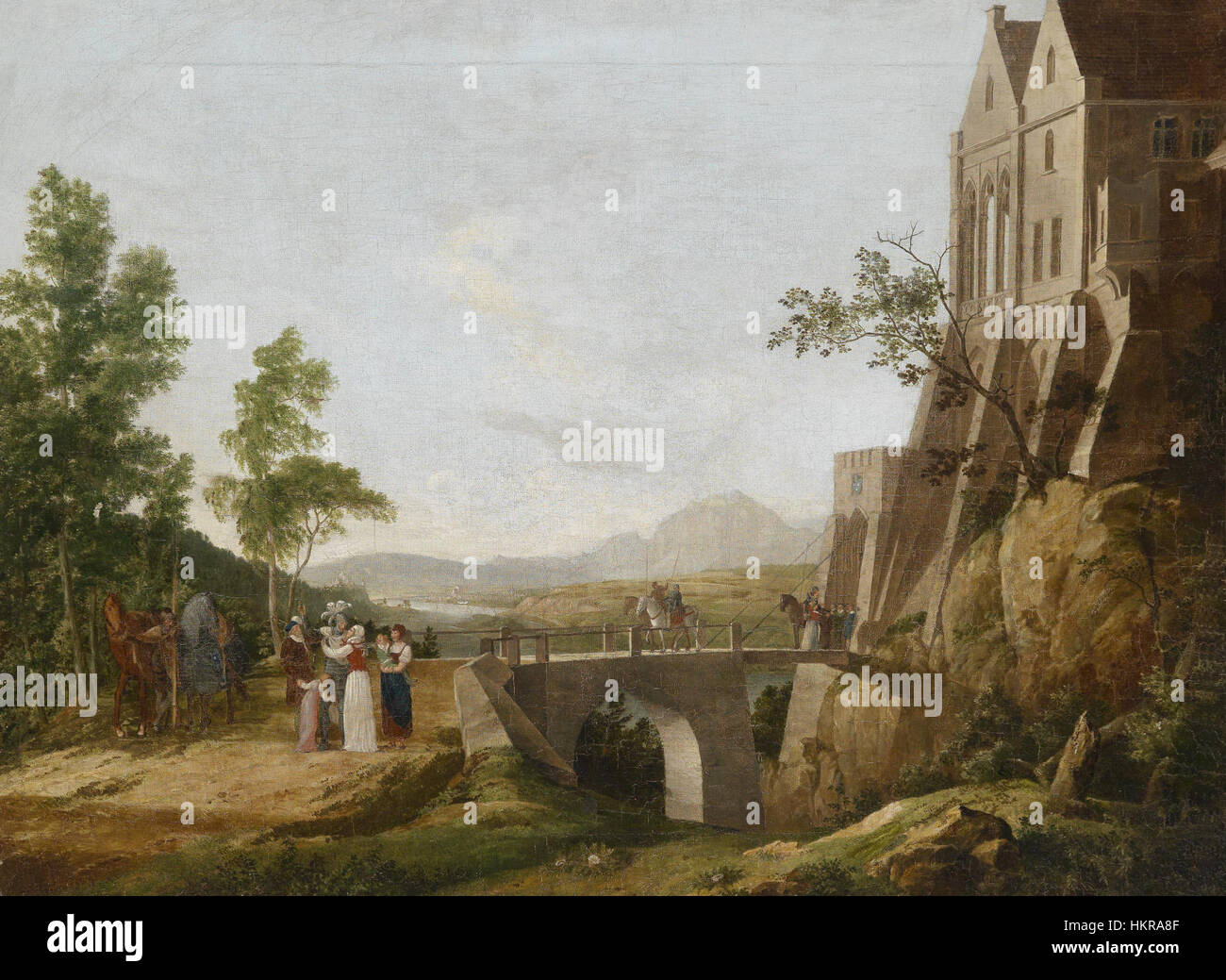 Questo dipinto di Carl Albert Eugen Schaeffer, *Der Abschied des Kreuzritters* (l'addio del Crociato), creato intorno al 1828, raffigura una scena emotiva di un cavaliere che si prepara alla battaglia, incarnando temi di eroismo e sacrificio dell'epoca romantica. Foto Stock