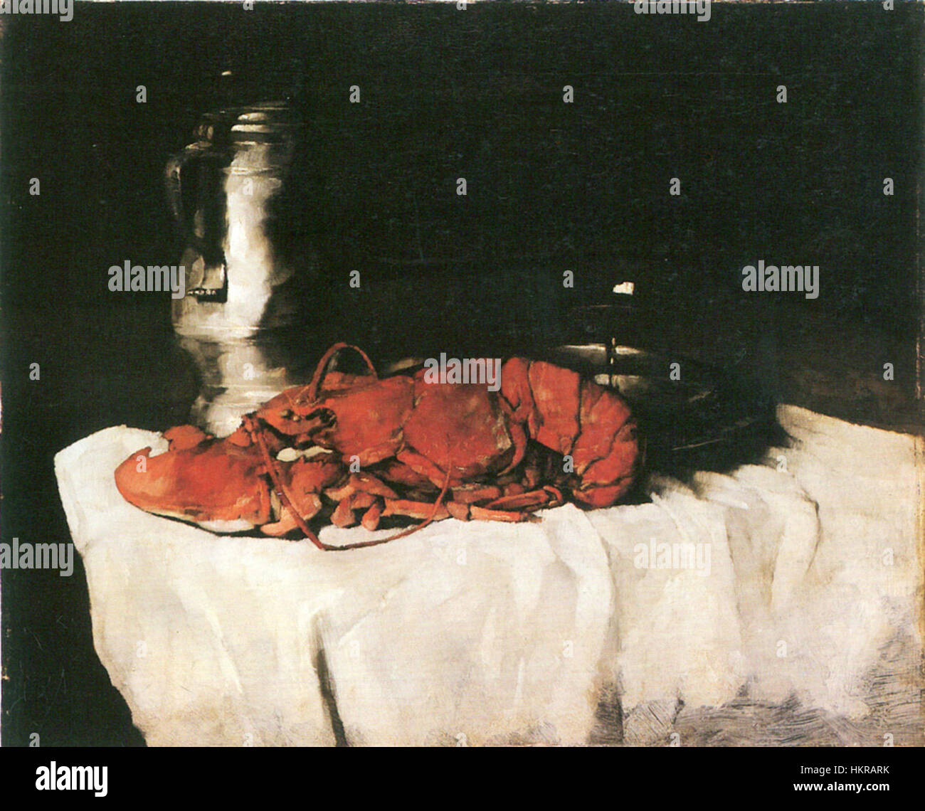 Il dipinto di Carl Schuch del 1877 intitolato *Hummer mit Zinnkrug und Weinglas* (aragosta con tazza di peltro e bicchiere di vino) raffigura una natura morta con un'aragosta, una tazza di peltro e un bicchiere di vino, mostrando la maestria di Schuch nel catturare le texture degli oggetti di uso quotidiano. Foto Stock